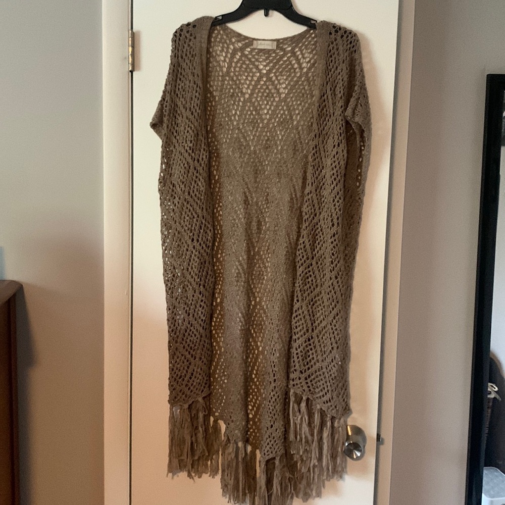 Altar’s State Taupe Long Fringe Cardigan